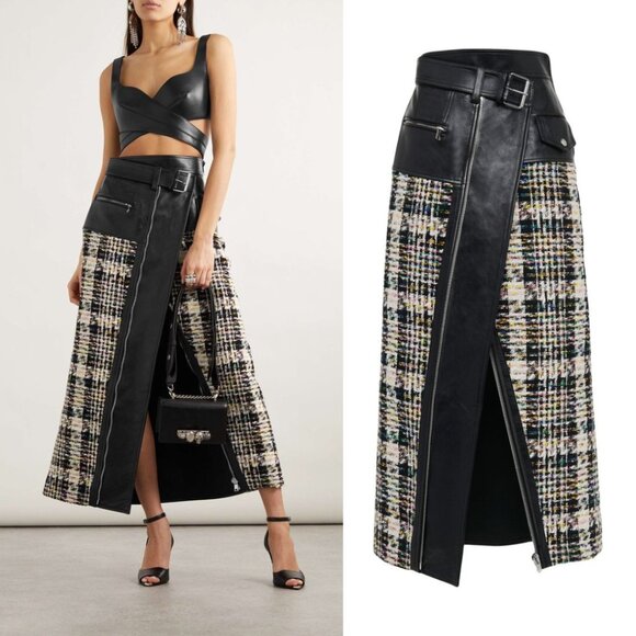 Alexander McQueen Dresses & Skirts - NWT Alexander McQueen Tweed and Leather Midi Skirt